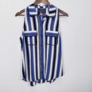 PJK Patterson J. Kincaid Blue and White Striped Racerback Collared Silk Blouse S